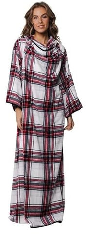 dolcecasabiancheria Rebelle Pastunette Vestaglia Lunga in Pile Coral, Motivo Scozzese Bianco e Rosso, Maniche Lunghe