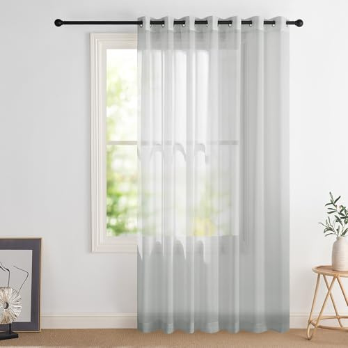 PONY DANCE Extra Wide Light Grey Voile Curtain 100 x 84 Inches for Room Divider, Semi Transparent Window Net Curtain Eyelet Top Super Soft Window Treatment Privacy Protected Sheer Panel, 1 panel