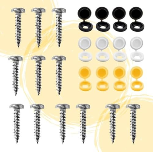 24 Pcs UK Number Plate Fittings - White, Black and Yellow Screw Caps with Stainless Steel Screws - Car License Plate Fixing Devices - License Plate Screw Caps (4 of Each)