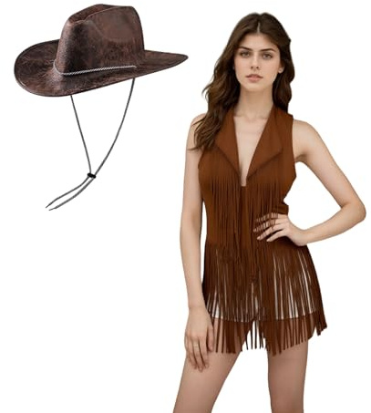 XGOPTS Cowgirl Kostüm Damen Hippie Kostüm Damen Set Fransen Weste mit Cowboyhut ärmellos Weste Hippie Kleidung 60er 70er Jahre Fransenweste für Karneval Fasching Disco Party