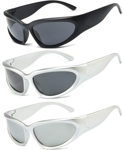 UIEXAY 3Er-Pack Y2K Retro Brille, Rave Brille Für Partys Und Musikfestivals, Y2K Accessoires, Futuristische Sonnenbrille Leichtgewicht Wrap Around Uv400 Radsportbrillen, Techno