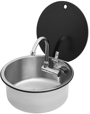 TFGXUE Fregadero con tapa, lavabo de acero inoxidable 304 con grifo abatible, fregadero redondo para autocaravanas, yates, caravanas, Ø 34 cm