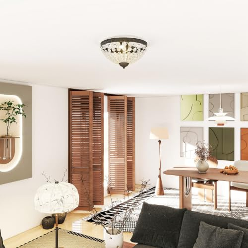 HOMCOM Lámpara de Techo de Cristal Clásica 2 Casquillos E14 40W Negro | Plafón de Techo Vintage, 168 Cuentas de Cristal, Salón, Dormitorio, Cocina, Comedor, Pasillo