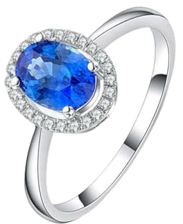 Ayoiow Ringe Damen Weißgold Poliert mit einem 1-Karat-Saphir im Ovalschliff und einem 0,09-Karat-Diamanten, Ringe Frauen Hochzeit für Freundin Größe 57 (18.1)| 9K Weißgold für Muttertag