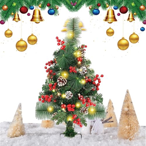Albero Di Natale Da Esterno - 60 Cm 20 LED Illuminato Con Bacche Rosse E Pigne | Albero di Natale Finto | Per Esterni Giardino Ingresso Viale Festa Holiday Decor