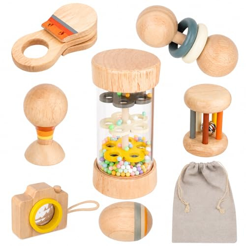 LYOKELC Regenmacher Baby Rassel Set, 7-teiliges Holzspielzeug | Regenstab, Greifling, Sandball, Klanghammer, Handglocke und Kastagnetten für Sensorik, Motorik und erste Klangerfahrungen