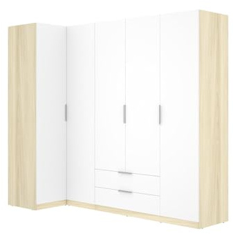 Vente-unique KALONY - Armario esquinero con 5 puertas y 2 cajones, 234 cm, color blanco y natural claro