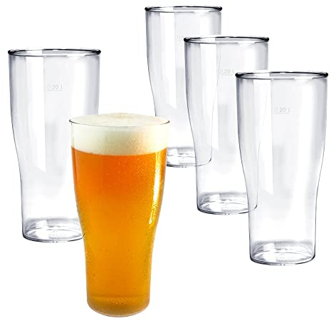 DoimoFlair Bicchiere da birra in plastica, 20 cl. boccale riutilizzabile, boccale da birra in materiale plastico, trasparente, infrangibile, lavabile in lavastoviglie set 5 pezzi.