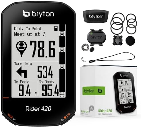 Bryton Rider 420 Sensor Bundle Kabelloser GPS-Fahrradcomputer zur Aufzeichnung von Strecken und Daten, mit Straßennamennavigation und Unterstützung mehrerer Sprachen