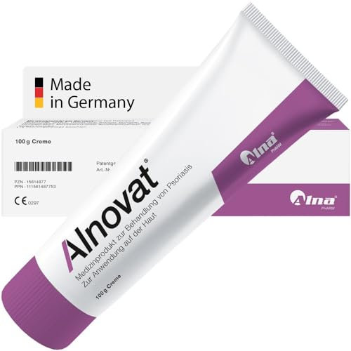 Alnovat Psoriasis Creme 50g | Medizinprodukt | Schuppenflechte Creme kortisonfrei & wirksam | Bittermandelduft | Behandelt Rötungen, Schuppungen und den Juckreiz bei Psoriasis | Made in Germany
