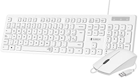 SUBBLIM Combo Teclado y Ratón Business Slim Silencioso con Cable USB Blanco Teclas Planas Resistente A Salpicaduras Diseño Delgado Y Completo Conector USB Plug&Play Ratón Ergonómico con Cable USB