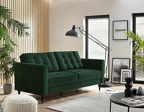 Furniturebox UK Joni 3 Seater Emerald Green Velvet Sofa -Upholstered Modern Retro Green Fabric Sofa with Black Wooden Tapered Legs - Square Stitching - Stylish & Contemporary Living Room Furniture