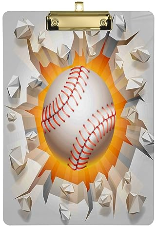 Planchette murale volante en plastique A4 en forme de balle de baseball - Porte-bloc en acrylique pour enseignants, étudiants, infirmières, bureau - Profil bas - Clip argenté - 31,8 x 22,9 cm