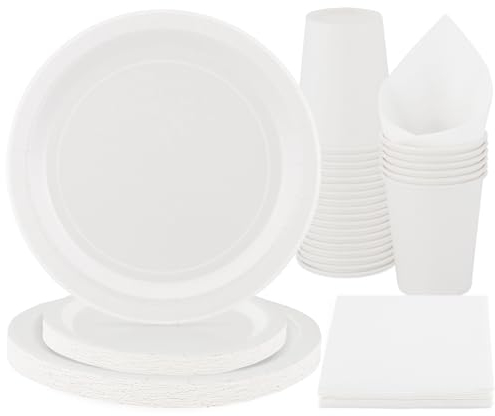 PARTY GO 96 Pcs White Paper Plates, Party Plates Cups and Napkins Disposable Party Tableware Set Supplies for Birthday Wedding Holiday Graduation Baby Shower Decorations Serve 24 Guests