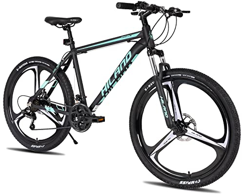 Hiland 26 Zoll Mountainbike MTB mit Aluminiumrahmen Scheibenbremse Federgabel 3 Speichenräder für Jugendliche Fahrrad Herren Damen Jungen Mädchen Schwarz Blau