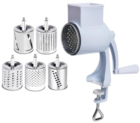 Deger Rallador de queso con rallador rotativo para queso con 5 cuchillas intercambiables para triturar queso para frutas, nueces, chocolate, duradero, fácil de instalar.