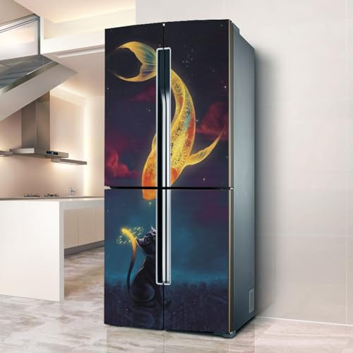 Fridge Wraps Kitchen Fridge Stickers Cover Full Doors, Fridge Sticker Full Covering Door Fridge Covers Decor, Freezer Skins Wall Stickers for Kitchen Decal, Cat and Fish time