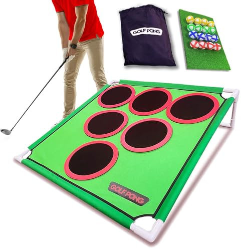 Golf Pong Hinterhof-Golfspiel mit 16 Chipping Klettbällen & Matte, Hof- und Outdoor-Spiele für Erwachsene & Familie, Indoor-Golf-Set für Zuhause, Strand oder Party, Rasenspiele für Erwachsene