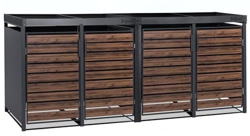 Zelsius Mülltonnenbox 4er mit Pflanzdach für 4 Tonnen | 120-240 Liter | Anthrazit RAL 7016 | Tür in dunkelbrauner Holzoptik mit Erweiterungsmöglichkeit | Mülltonnenverkleidung