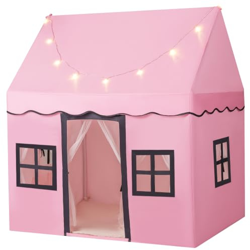 GOPLUS Spielzelt für Kinder, Kinderspielhaus mit Sternenlichtern, Rutschfester Matte, Belüfteten Fenstern, Kinderzelt für 3 Kinder/2 Erwachsene, Einfach aufzubauen & zu waschen (Rosa)