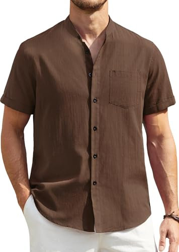 Enlision Linen Shirts Men Short Sleeve Collarless Shirts for Men Summer Beach Bandad Grandad Collar Henley Top with Pocket Button Down Brown Cheesecloth XL
