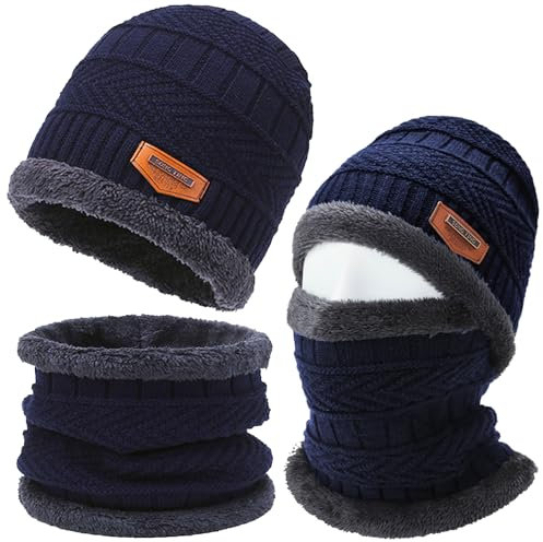 Axinyijia Ensemble Bonnet Tour de Cou Homme Hiver, Bonnet d'hiver Doublés de Polaire et Cache Cou Homme, Chapeau et Écharpe à Boucle pour Hommes (bleu)