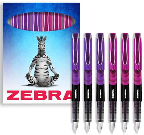 Zebra Fuente Pen - Disposable Fountain Pens - Pack of 6 - Violet & Pink Ink - In Zebra Cardboard Gift Box