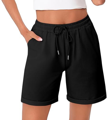 Litherday Shorts Damen Kurze Hose Damen Sporthose Kurz Baumwolle Sport Shorts Sommer Jogginghose Traininghose mit Taschen für Fitness, Running, Gym Schwarz XXL