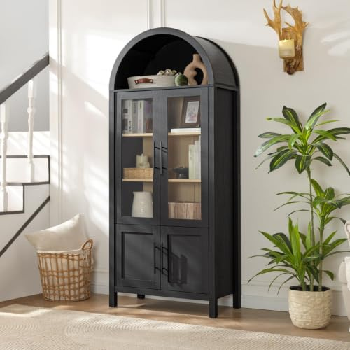 WINWY 71 Tall Arched Display Cabinet with Glass Doors, 5-Tier Bookshelf | Modern Farmhouse Arched Bookcase ,Adjustable Shelves,Wooden Kitchen Pantry Cabinet for Living Room, Office, Black