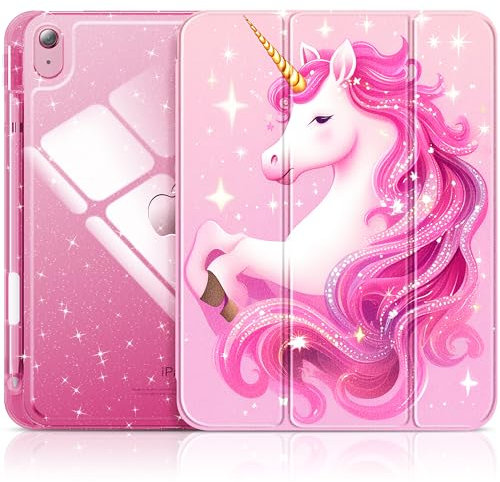 INFILAND Coque pour iPad 10ème Génération 2022, Coque iPad 10.9 Pouces, Étui en Cuir pailleté avec Dos Transparent Scintillant (rêve Licorne Rose)