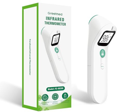 Greetmed No Touch Forehead Digital Thermometer for Adults, Kids with Fever Alarm, 1s Instant Reading Large LCD Display, Multi-Mode Object Temperature (Batteries Included)