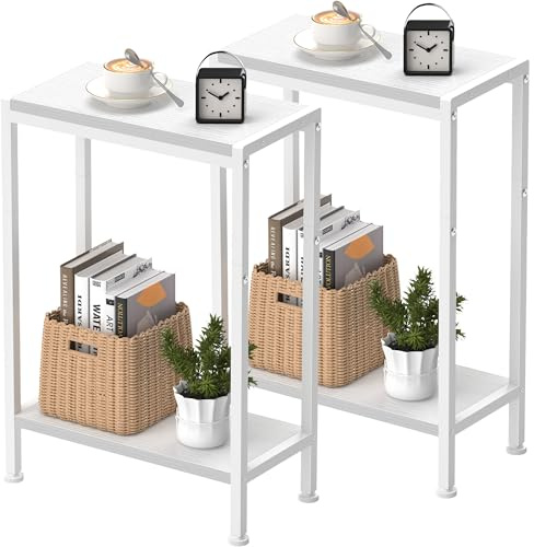 Vantimo Schmaler Beistelltisch, Nachttisch, 2er Set, 2 Ablagen Nachttisch Schmal mit Stauraum, Sofa beistelltisch für schmale Räume, für Wohnzimmer, Schlafzimmer, Küche &Balkon, Arbeitszimmer (Weiß)