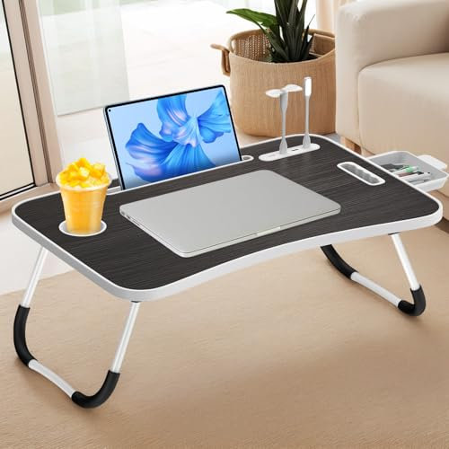 Huracan Laptoptisch Betttablett Klappbar, Tragbares Laptop Tisch für Bett, Lapdesk mit Schublade, Tassenhalter und Beleuchtet, Notebook Tisch, Laptop-Schreibtisch für Sofa, Boden (60 * 40cm, Schwarz)