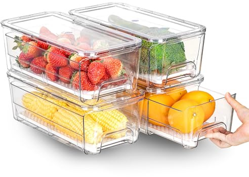Anteabee 4 Pack Stackable Fridge Storage Organisers, Pull Out Fridge Storage Containers with Lid, Clear Large Fruit Drawer Organiser for Refrigerator, Freezer, Kitchen, Pantry