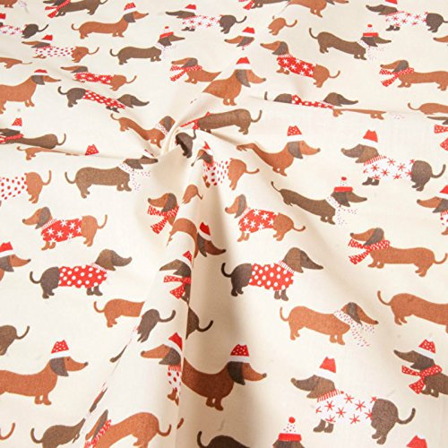 Stoff mit Hundemotiv, Dackelwelpen in Weihnachtskostümen, Polyester-Baumwollmischgewebe, für Feiern, Kinderfeste, Weihnachten, Polycotton, Metre