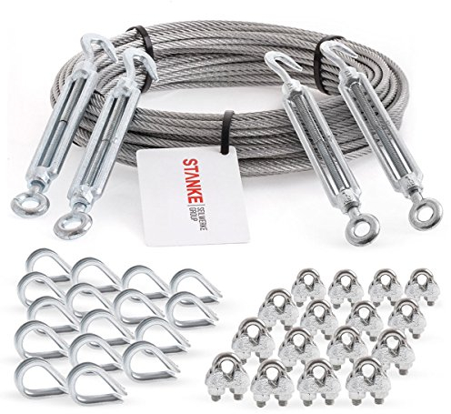 Seilwerk STANKE Corda in acciaio zincato 20m fune in acciaio 5mm 6x7, 4x gancio per tenditore M8, 16x ditale, 16x fascetta per corda - SET 6