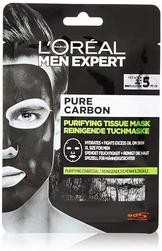 L'Oréal Men Expert Pure Charcoal 5 Minute Purifying Tissue Face Mask, Enriched For Purifying Charcoal & Hydrating Glycerine to Moisturise & Mattify the Skin, 30g