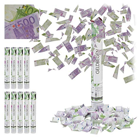Relaxdays 10 x Party Popper Geldscheine, 6-8 m Effekthöhe, Karneval, Geburtstag, Spielgeld, Konfettikanone 40cm, lila/grün