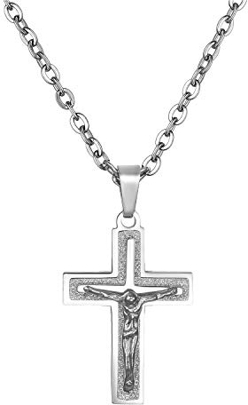 Flongo Rosenkranz Herren Kreuz Anhänger Damen Frauen Kette Männer Halskette, Edelstahl Silber Jesus Kreuz Kruzifix Klassiker