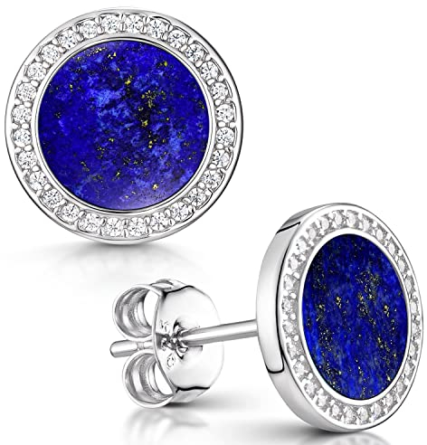 Materia Lapislazuli Ohrringe Stecker blau - 925 Silber Ohrstecker Damen Edelstein rund flach in Schmuck Etui SO-394-Lapis