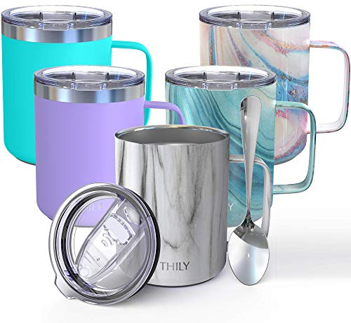 THILY Tasse à café de voyage isotherme de 355 ml en acier inoxydable à triple isolation avec poignée, couvercle anti-déversement, légère, garde le café froid ou chaud longtemps, marbre blanc