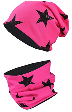 TupTam Unisex Kinder Beanie Mütze Schlauchschal Set, Farbe: Sterne Schwarz/Pink, Größe: 56-58