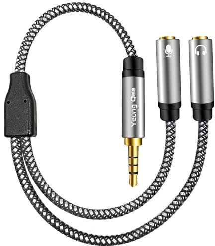 Yeung Qee Headphone Mic Splitter Adapter 3.5mm Male to 2 Dual 3.5mm Female Audio Y Splitter Adapters Cable Compatible with Phone, Laptop, PS4,Gaming Headset, External Microphone& More (30cm,silver)
