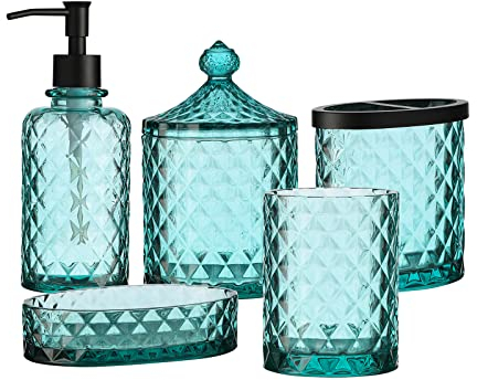 Set di 5 accessori da bagno in vetro, include dispenser di sapone, bicchiere, portasapone, portaspazzolino e barattolo da farmacia (blu)