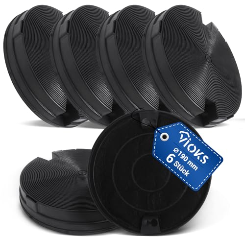 VIOKS 6x Aktivkohlefilter Dunstabzugshaube 190mmØ Ersatz für Electrolux 9029793586 EHFC29, Whirlpool 481249038013 AMC912 & Elica CFC0140124 Type29 Kohlefilter für Dunstabzugshauben