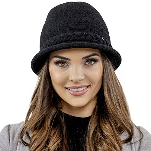 VIVISENCE Damen Winter Hut Mit Klassischem Stil Herbst Warme Strickmütze Garn Mit Wolle Perfekte Passform Wintermütze Für Frauen Modell 7043, Schwarz,Einheitsgröße