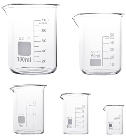 EMNIMQ Vetreria da Laboratorio, Becherl 100 ml 50 ml 25 ml 10 ml 5 ml Beker Graduati Vetro Borosilicato per Laboratorio Esperimento Medicina