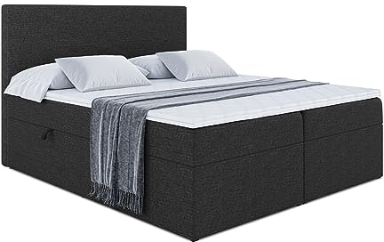 ALTDECOR Boxspringbett mit H3-Matratze (20 cm hoch) mit Bonellfederung + PUR, Topper (4 cm hoch), Polsterbett mit Kopfteil und Bettkasten - LUKI - 180x200 - Schwarz Inari 100