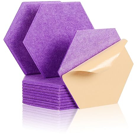 Rdutuok 12 Stück Selbstklebend Akustik Panel,30x26x1cm Hexagon Akustik Absorber Schallschutzplatten Akustikpaneele Wand für Tonstudio, Büro,Studio und Wanddekoration (Lila)