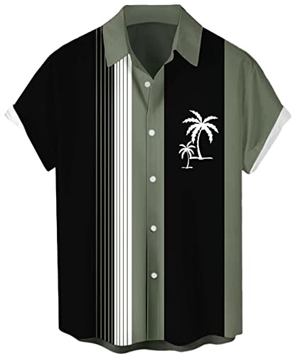 Camicie da Bowling Vintage da Uomo Casual Anni '50 a Maniche Corte Button Down Camicia a Contrasto Estate Blocchi di Colore Camicie cubane